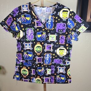 SB Scrubs Halloween Scrub Top Uniform Small Monsters Skeletons